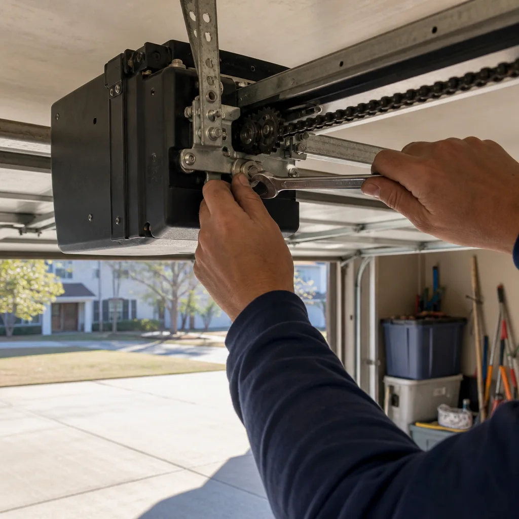 Technician performing professional garage door opener repair and installation services.
