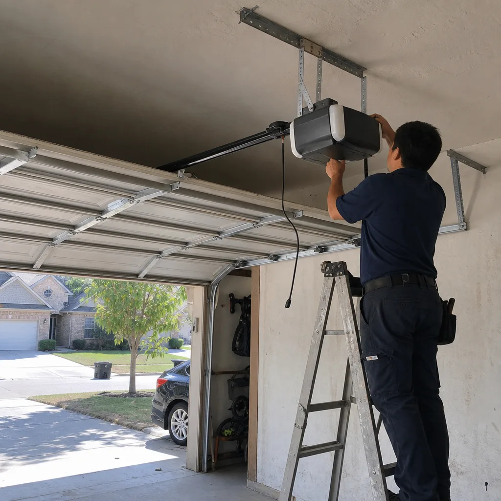Technician performing professional garage door opener repair and installation.
