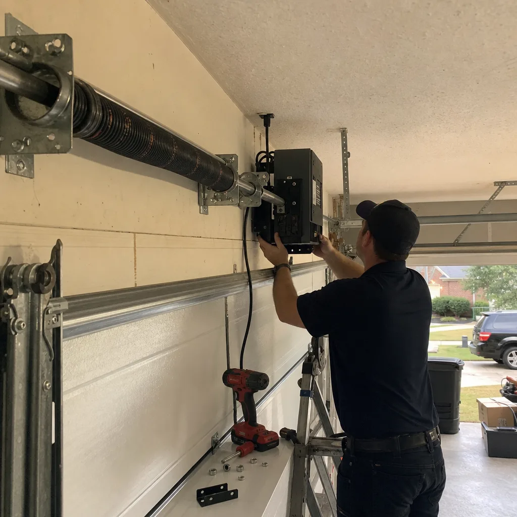 Technician performing professional garage door opener installation and repair
