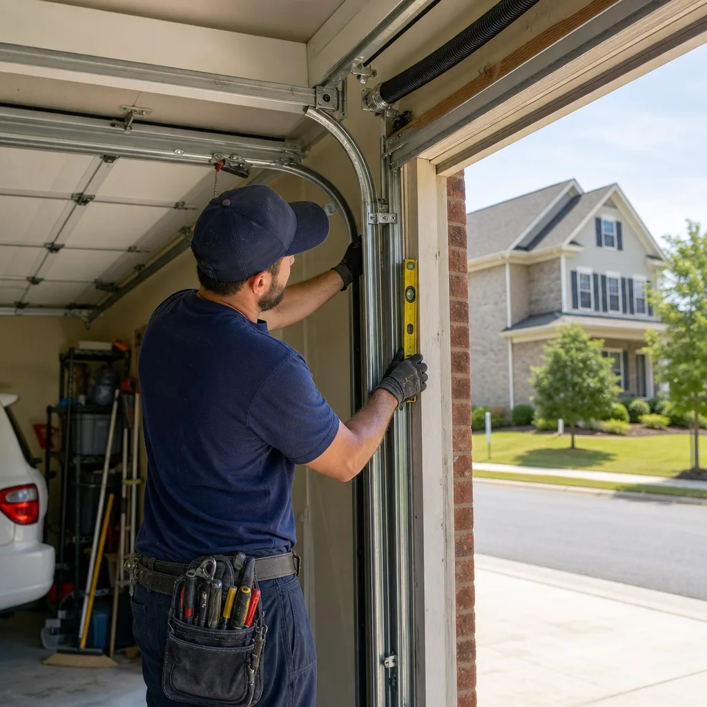 Technician using a level to repair a residential garage door track