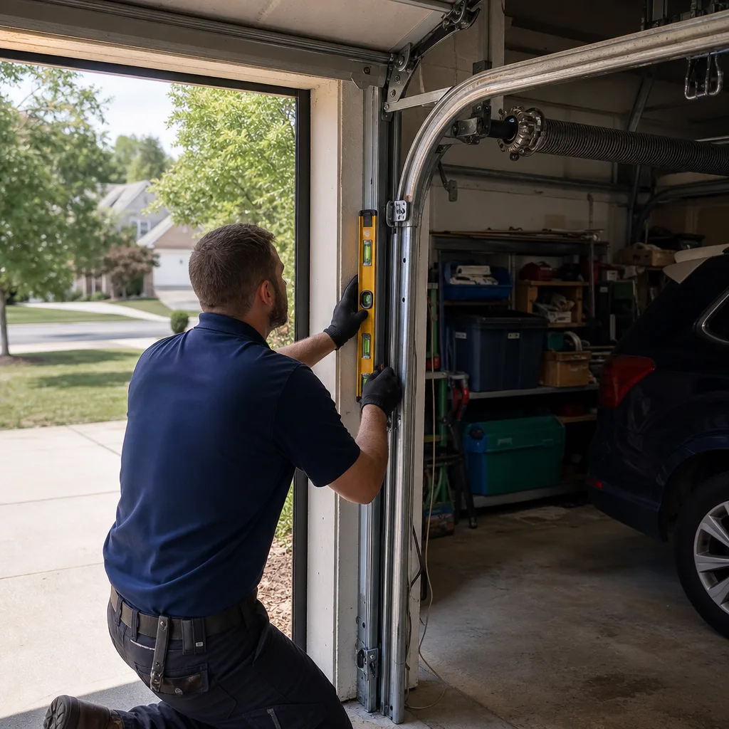 Technician using a spirit level to repair a garage door track