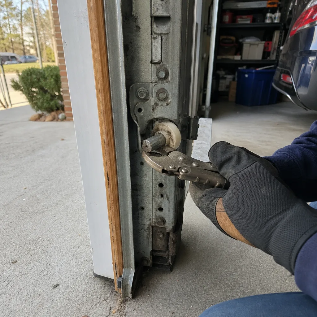 Technician using pliers to perform garage door roller repair and maintenance